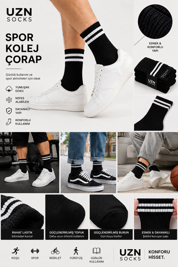 6’lı Unisex Yarım Kolej Spor Çorap | Pamuklu – Nefes Alan – Terletmeyen Kolej Çorap