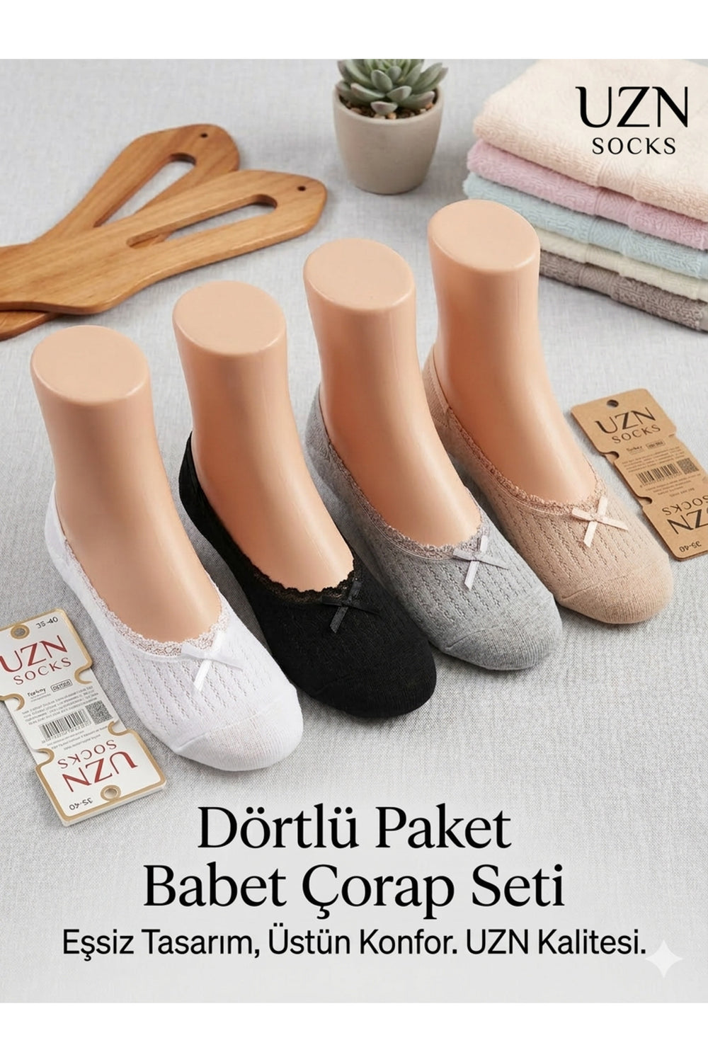 Kadın Dantelli Babet Çorap 4’lü Paket – Günlük Rahat İnce Babet Çorap Seti