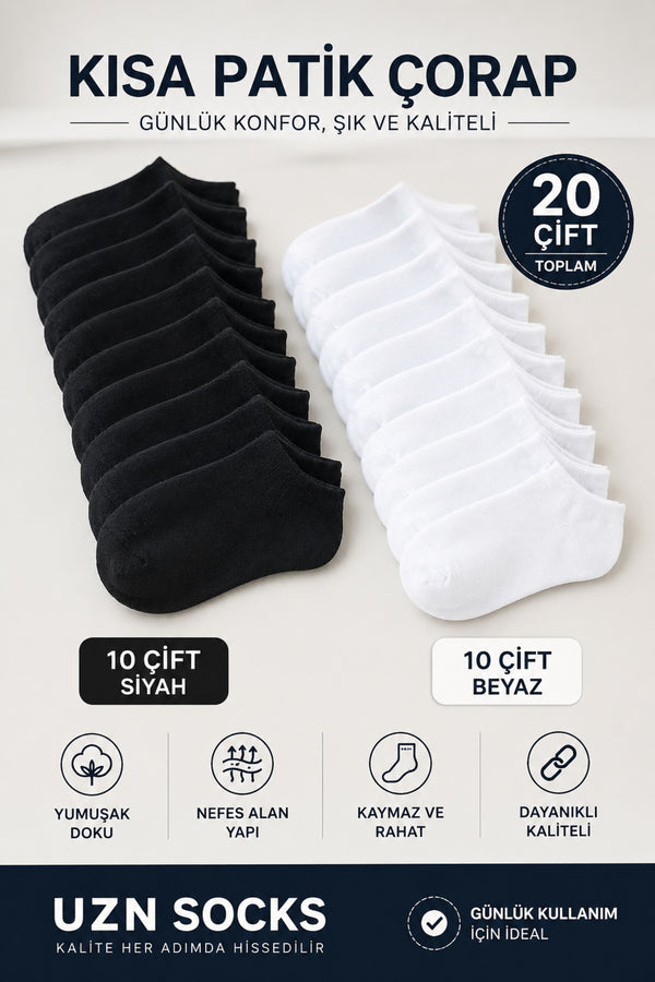 20 Çift Pamuklu Kısa Patik Çorap | Unisex | Siyah & Beyaz | Terletmez | Günlük Kullanıma Uygun