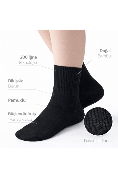 6 Çift Siyah Unisex Pamuklu Çorap – Dikişsiz, 200 İğne, Ter Emici & Nefes Alabilen