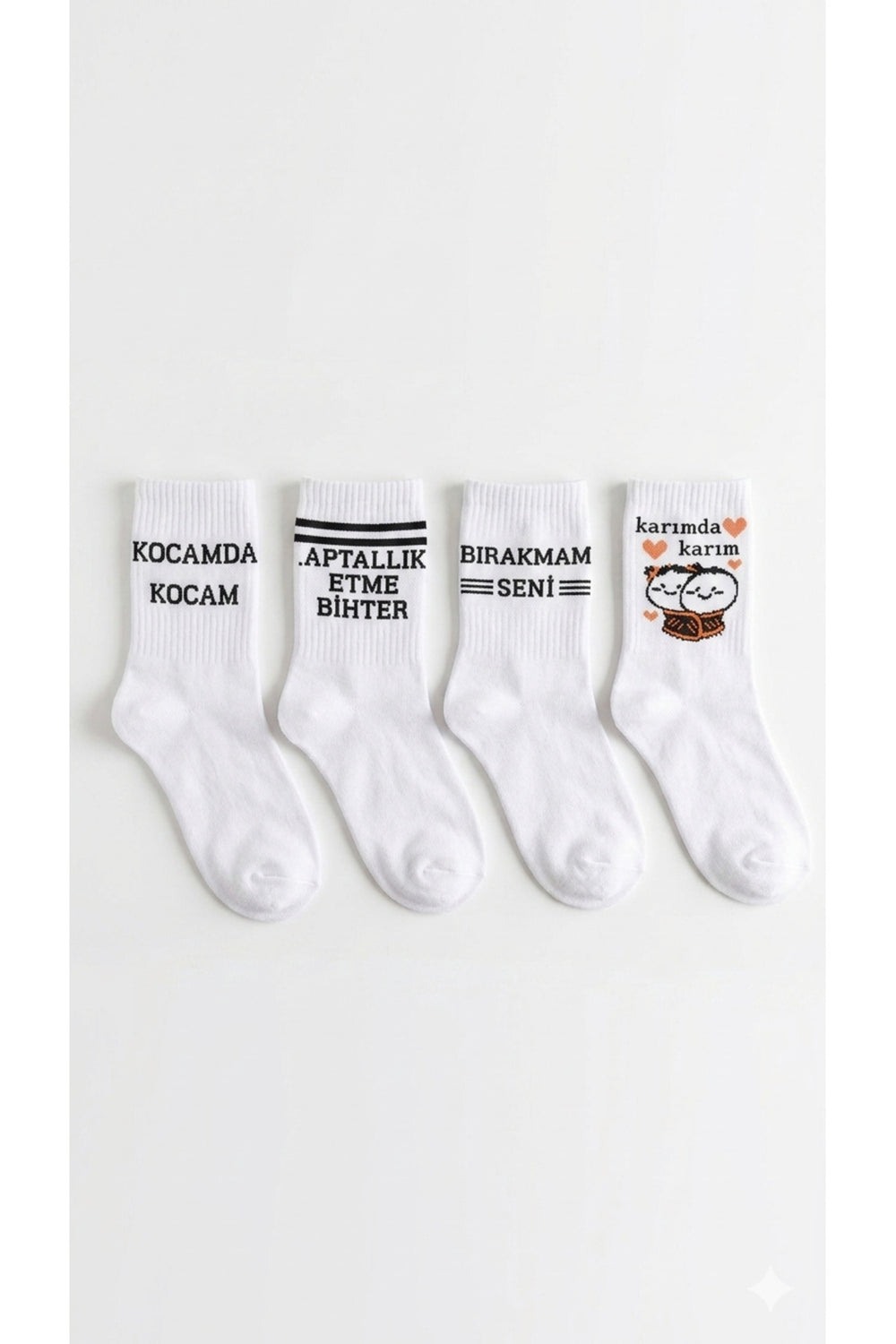 Unisex Yazılı Beyaz Çorap 4’lü Set – Eğlenceli Mesajlı Soket Çorap – Günlük Rahat Pamuklu Çorap