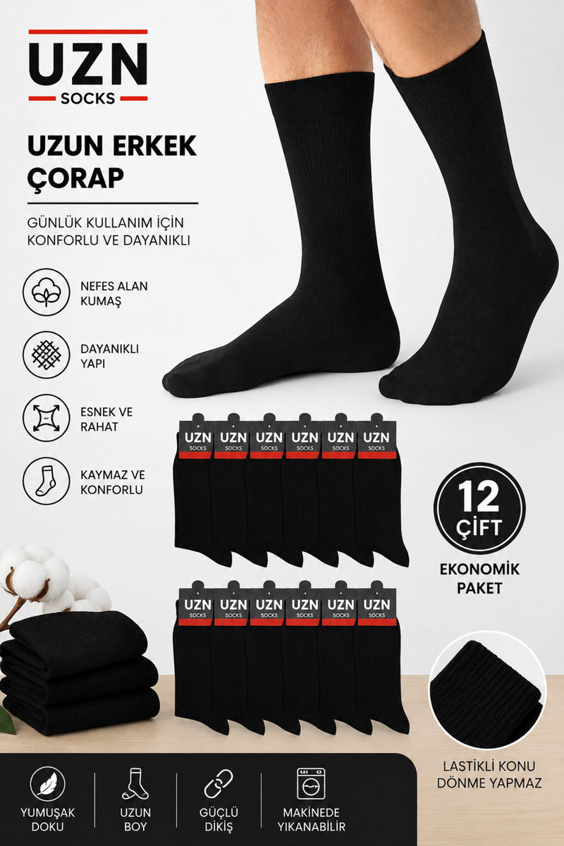 Premium Erkek Uzun Çorap 12 Çift – Üst Kalite, Yumuşak Dokulu, Günlük ve Şık Kullanım