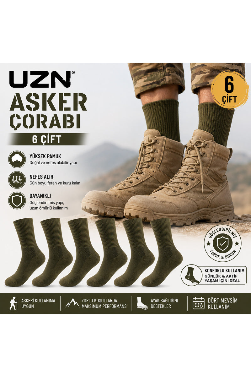 6 Çift Asker Çorabı – Pamuklu, Dayanıklı, Nefes Alan Uzun Konç Çorap