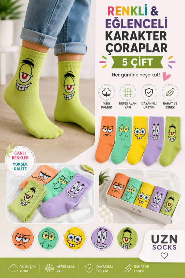 5 Çift Renkli Desenli Kolej Çorap Renkli Spor Soket Çorap Unisex Günlük Çorap