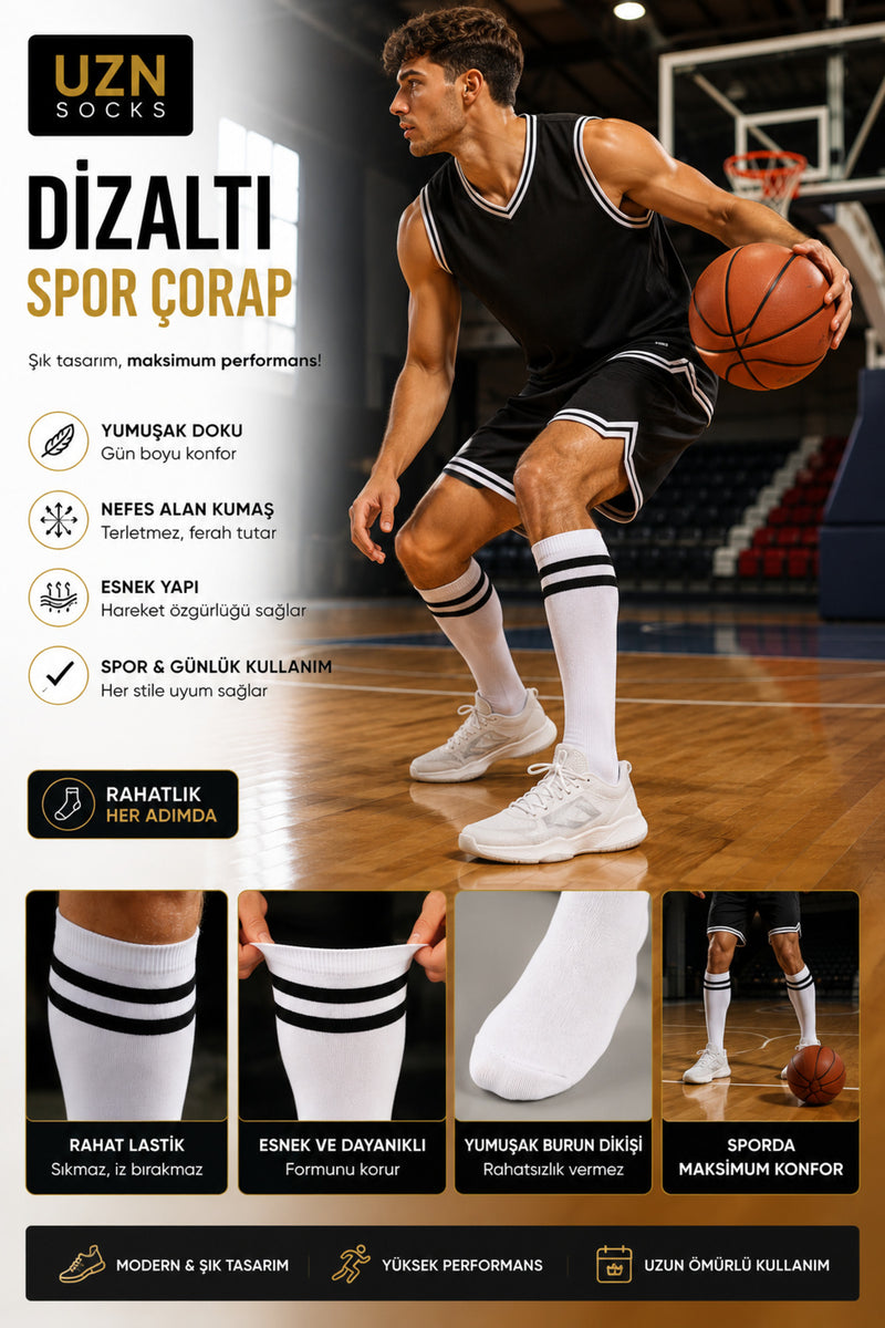 1 Çift Beyaz Çizgili Tenis Çorap Pamuklu Spor Çorap Unisex Günlük Soket Çorap