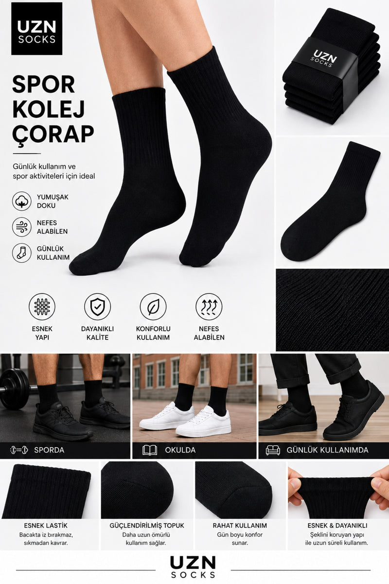 Unisex Kolej Stil Spor Çorap – 6’li Paket YÜKSEK PAMUK ORANLI