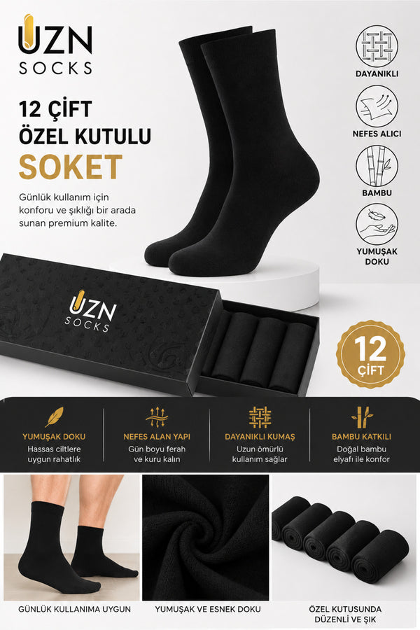 12 Çift Erkek Bambu Soket Çorap Özel Kutulu Set Yumuşak Nefes Alan Günlük Çorap