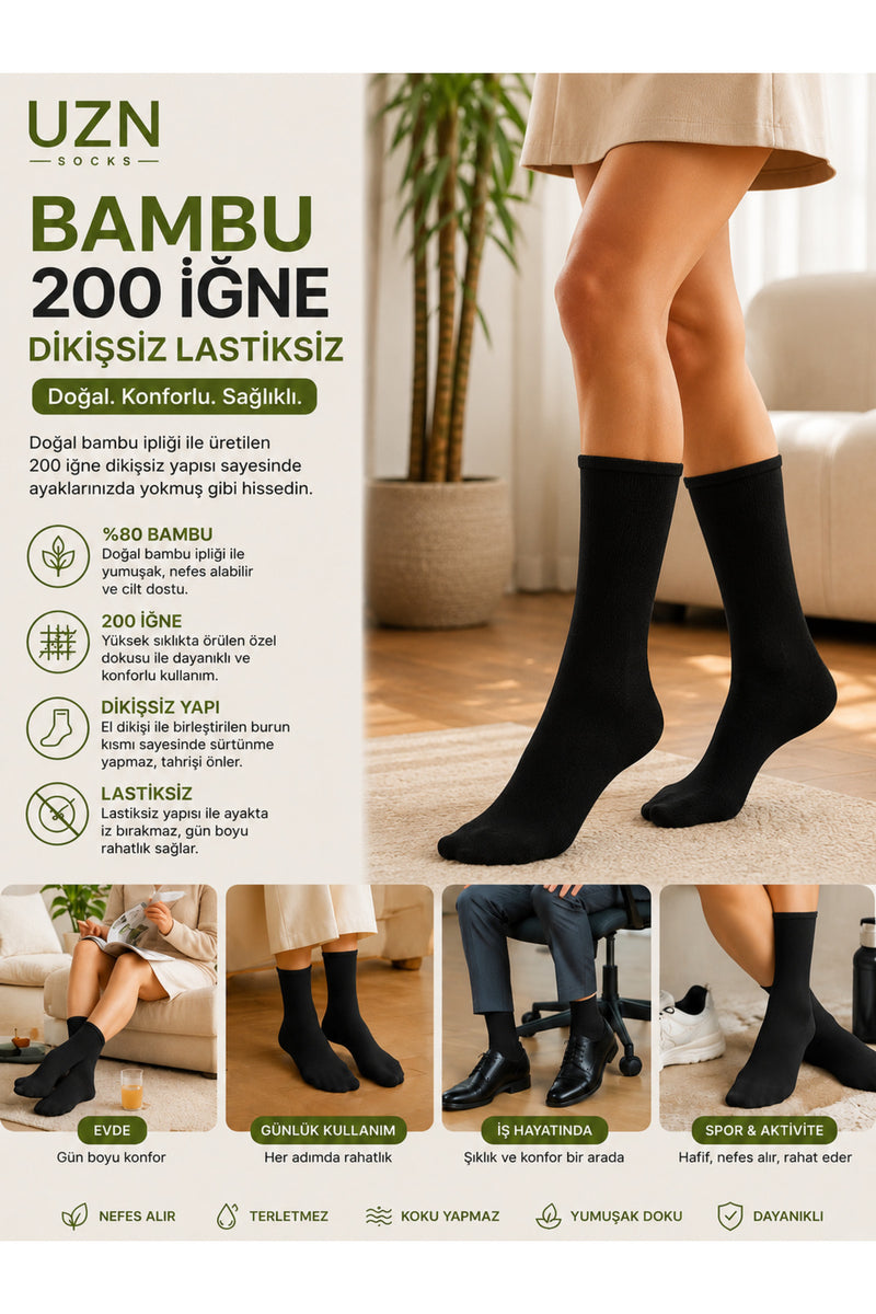 6 Çift Bambu 200 İğne Dikişsiz Lastiksiz Unisex Çorap – Nefes Alan, Yumuşak, Günlük Konfor Siyah Çorap