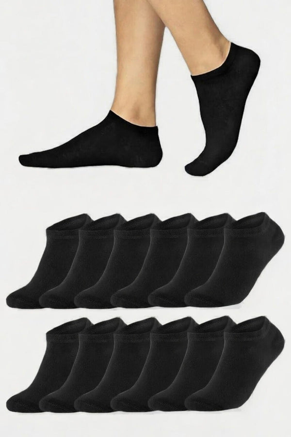 12 Çift Siyah Pamuklu Unisex Patik Çorap | Terletmeyen Günlük Çorap Seti
