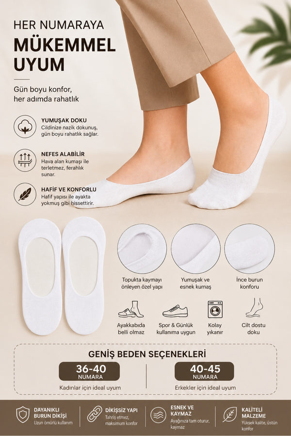 8 Çift Pamuklu Babet Çorap - Gizli Çorap Beyaz