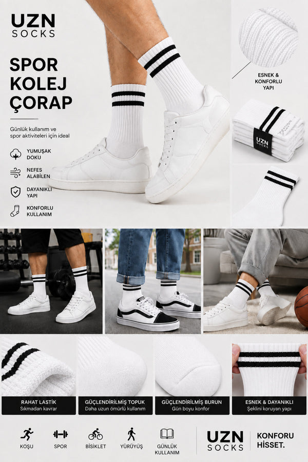 Unisex Beyaz Siyah Çizgili Kolej Stil Spor Çorap – 6’li Paket YÜKSEK PAMUK ORANLI