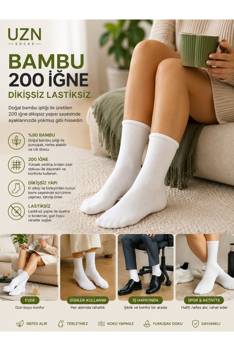 6 Çift Bambu 200 İğne Dikişsiz Lastiksiz Unisex Çorap – Nefes Alan, Yumuşak, Günlük Konfor Siyah Çorap