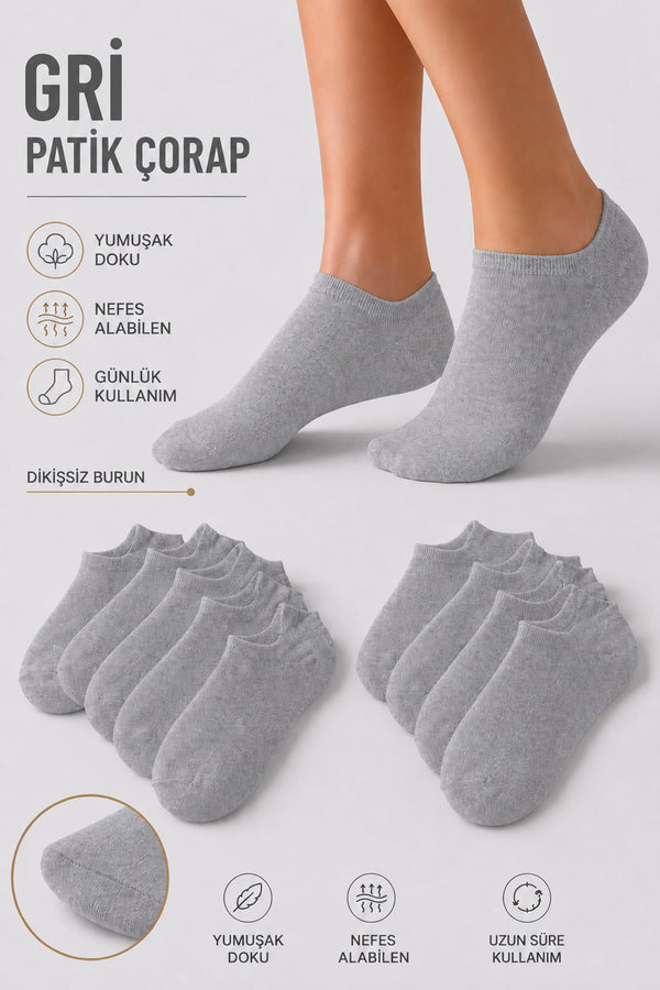 12 Çift Gri Pamuklu Unisex Patik Çorap | Terletmeyen Günlük Çorap Seti