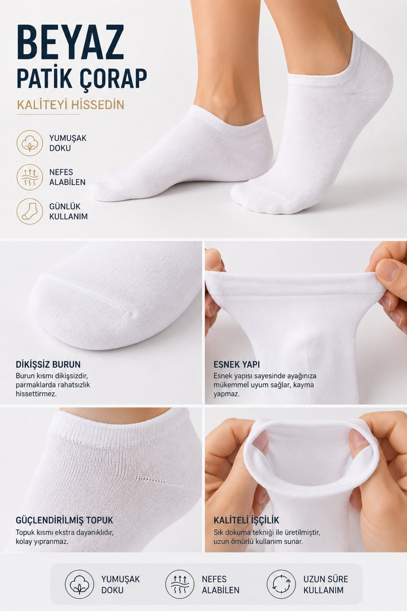 12 Çift Beyaz Pamuklu Unisex Patik Çorap | Terletmeyen Günlük Çorap Seti
