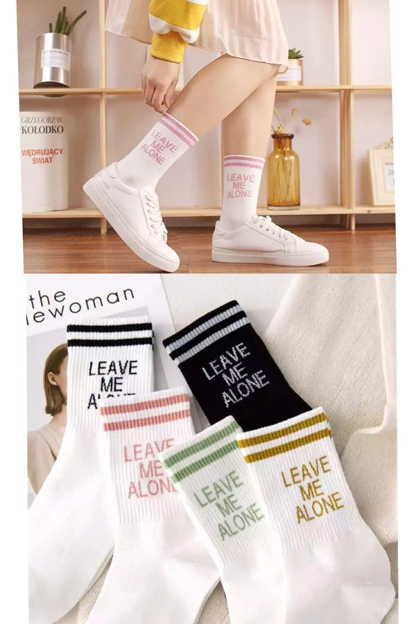 5'li Paket Leave Me Alone Yazılı Kolej Çorabı Seti - Renkli Şeritli Unisex Pamuklu Tenis Çorabı