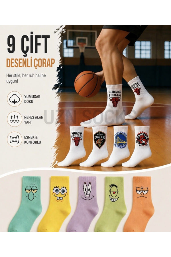 9 Çift Desenli Spor Çorap | Karikatür Karışık Set | Yumuşak & Nefes Alan