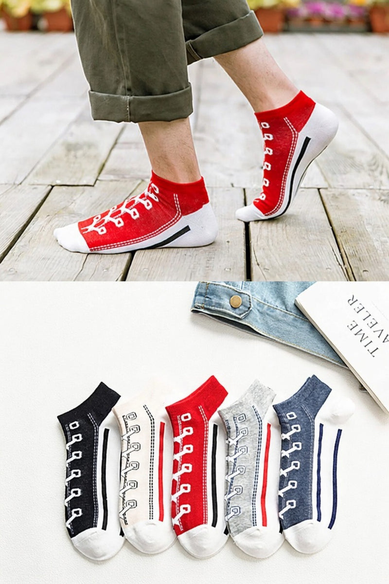 5'li Paket Sneaker Görünümlü Soket Çorap Seti - Renkli Bağcık Desenli Unisex Pamuklu Bilek Çorabı