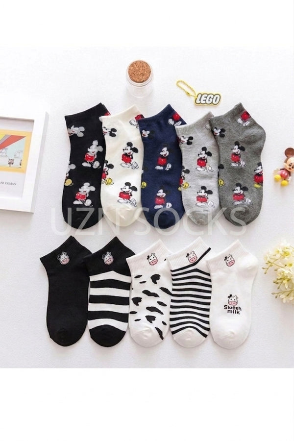 Unisex 10'lu Avantaj Paketi: Mickey Mouse & Sevimli İnek Desenli Pamuklu Bilek Çorap Seti