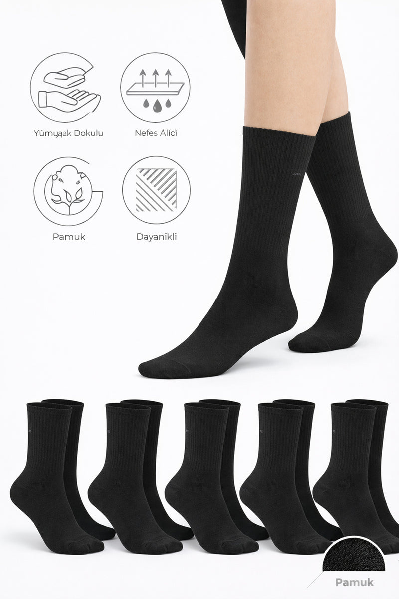 %80 Pamuklu Siyah Spor Çorap 4 Çift – Unisex, Ribanalı, Günlük Rahat Çorap