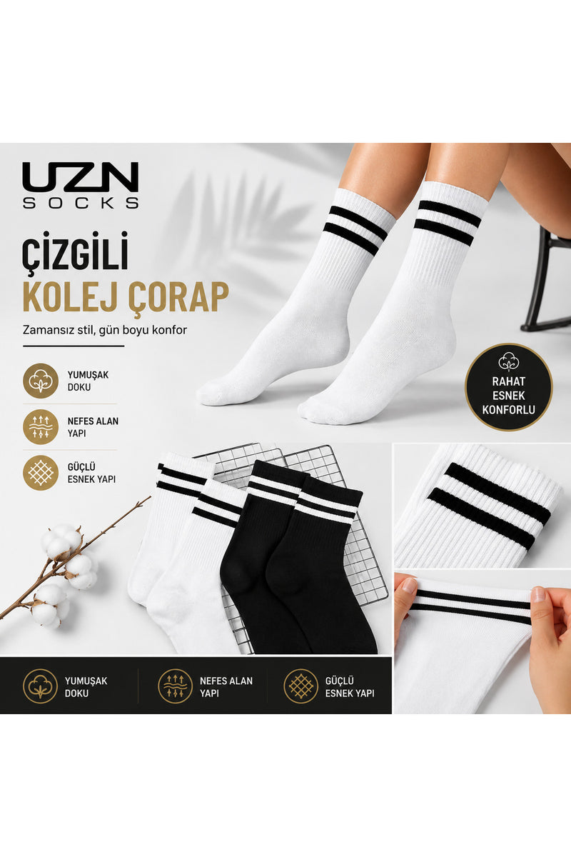 6 Çift Siyah Beyaz Kolej Çorap Pamuklu Spor Soket Çorap Unisex Günlük