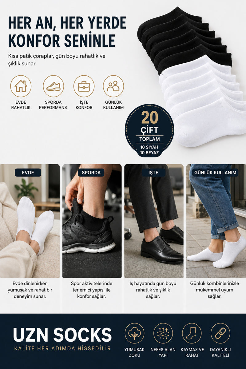 20 Çift Pamuklu Kısa Patik Çorap | Unisex | Siyah & Beyaz | Terletmez | Günlük Kullanıma Uygun