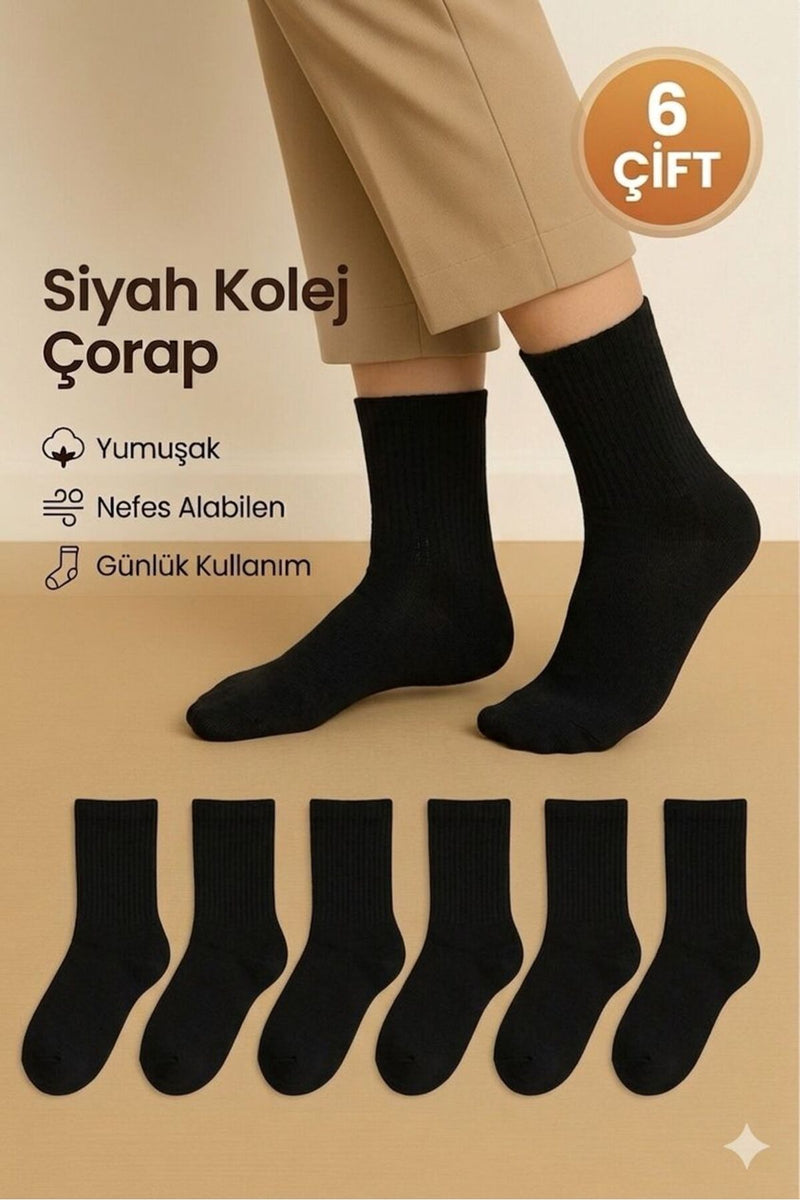 Unisex Beyaz Siyah Çizgili Kolej Stil Spor Çorap – 6’li Paket YÜKSEK PAMUK ORANLI