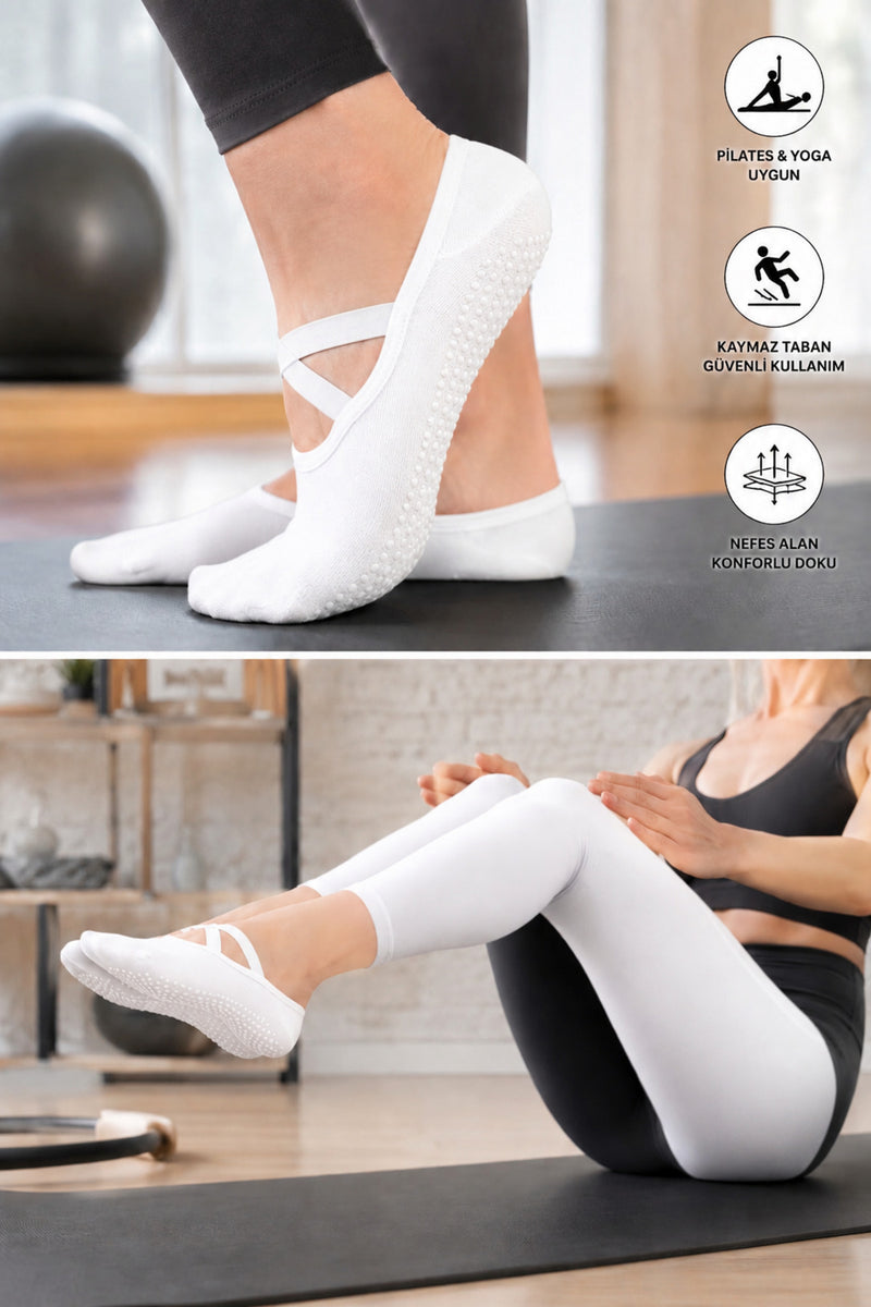 Pilates Çorabı Kaydırmaz Tabanlı Çapraz Bantlı Yoga & Reformer Çorabı Siyah 3 Çift
