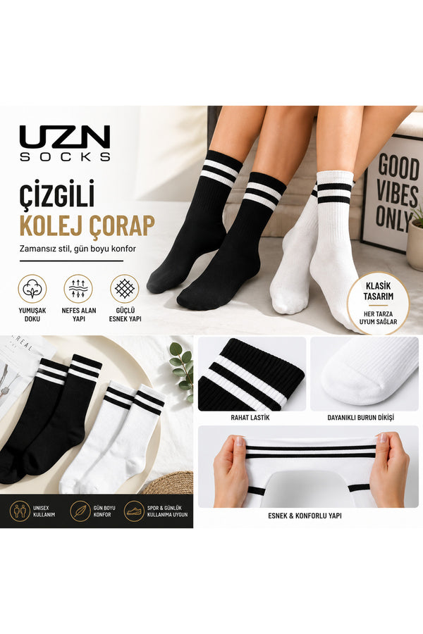 5 Çift Unisex Siyah Beyaz Çizgili Kolej Çorap Pamuklu Spor Soket Çorap Seti