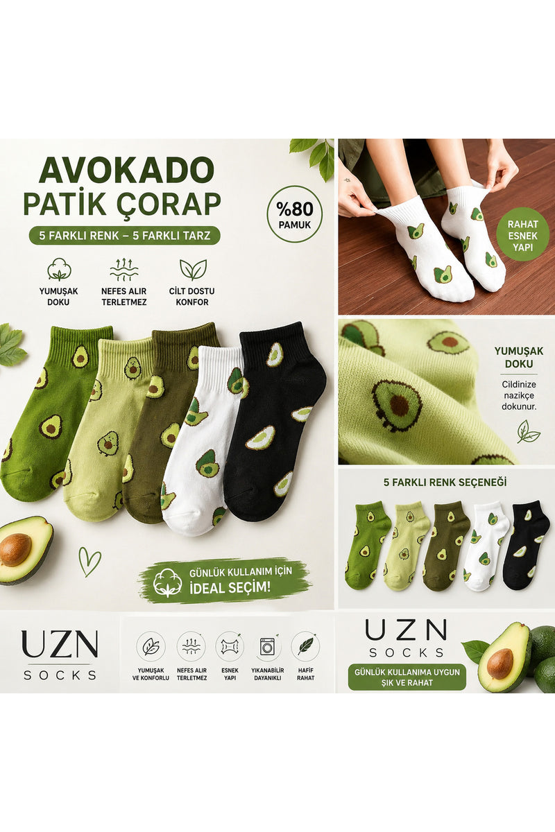 5 Çift Kadın Avokado Desenli Patik Çorap Pamuklu Renkli Günlük Kısa Çorap