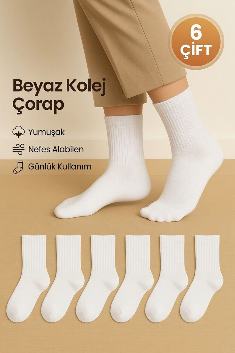 Unisex Beyaz Siyah Çizgili Kolej Stil Spor Çorap – 6’li Paket YÜKSEK PAMUK ORANLI