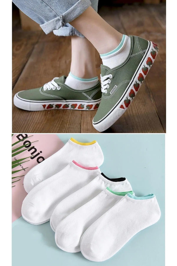 5 Çift Renkli Kenarlı Beyaz Sneaker Çorap - Görünmez No-Show Soket Çorap, Renkli Topuklu Kısa Çorap