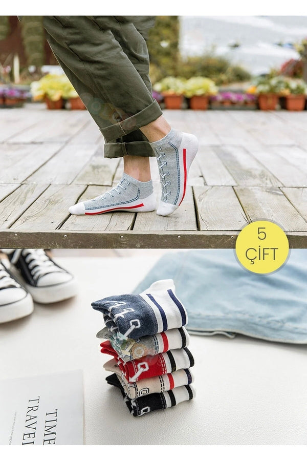 5'li Paket Sneaker Görünümlü Soket Çorap Seti - Renkli Bağcık Desenli Unisex Pamuklu Bilek Çorabı