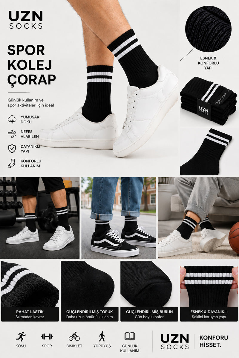 6 Çift Unisex Kolej Çorap Yarım Model Pamuklu Spor Çorap Nefes Alan Günlük Çorap