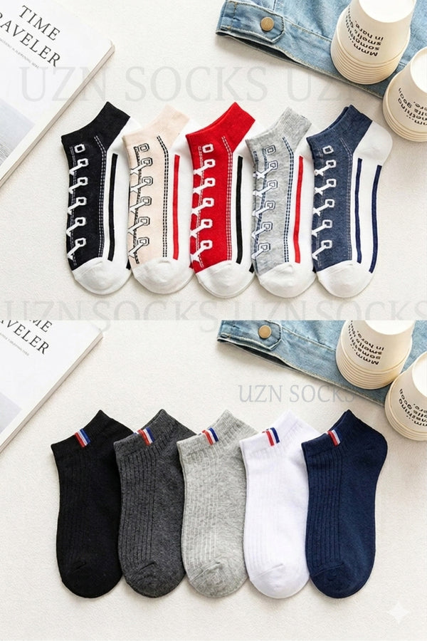 Unisex 10'lu Set: Eğlenceli Ayakkabı Desenli ve Klasik Sportif Bilek Çorapları