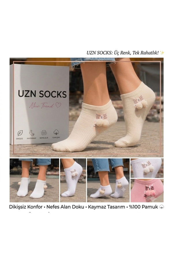 Kadın 2’li Karışık Renk Bilek Çorap – Ponponlu Kedi Desenli, Dikişsiz, Kaymaz, Nefes Alan Yumuşak Pamuklu Çorap