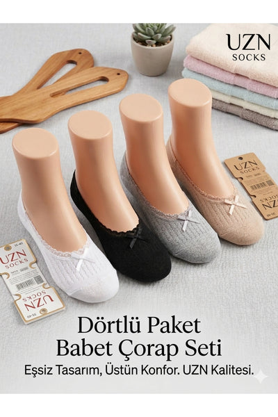Kadın Dantelli Babet Çorap 4’lü Paket – Günlük Rahat İnce Babet Çorap Seti