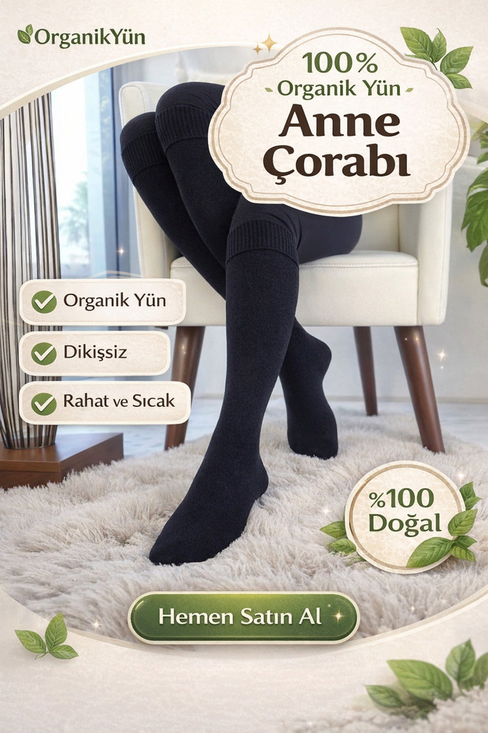 2 ÇİFT DİKİŞSİZ ORGANİK YÜN ANNE ÇORABI- UZUN ANNE ÇORABI