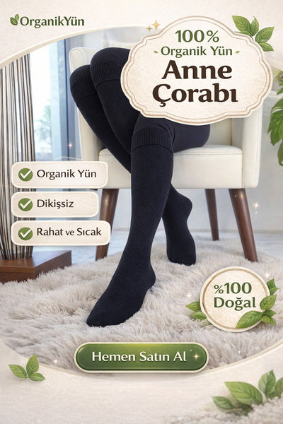 2 ÇİFT DİKİŞSİZ ORGANİK YÜN ANNE ÇORABI- UZUN ANNE ÇORABI
