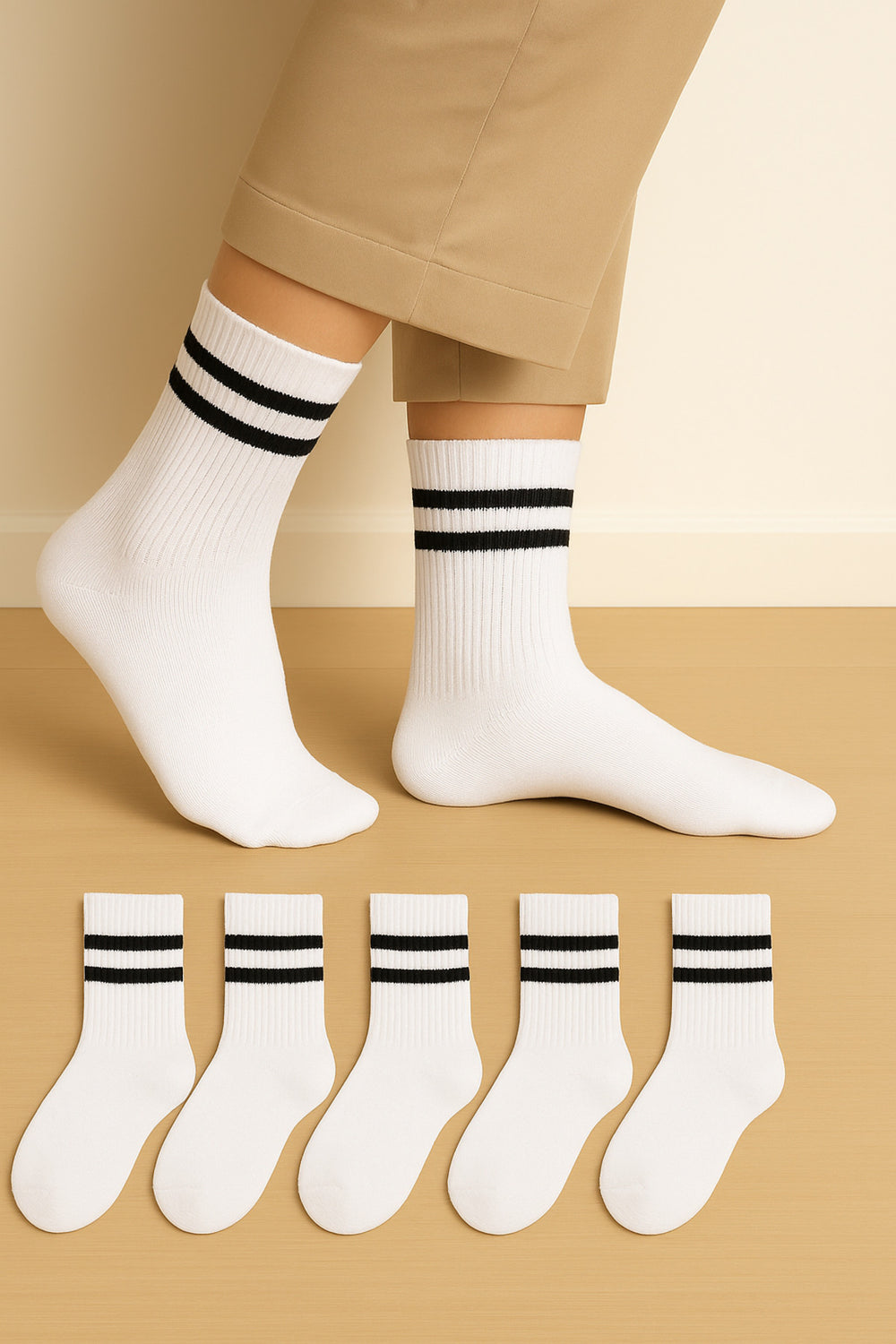 Unisex Beyaz Siyah Çizgili Kolej Stil Spor Çorap – 6’li Paket YÜKSEK PAMUK ORANLI