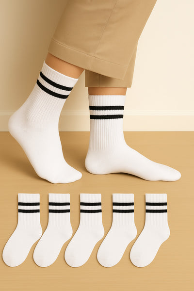 Unisex Beyaz Siyah Çizgili Kolej Stil Spor Çorap – 6’li Paket YÜKSEK PAMUK ORANLI