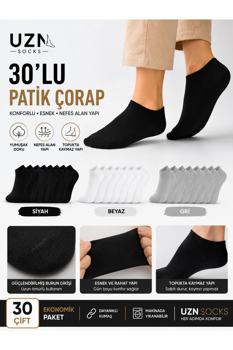 30’lu Pamuklu Unisex Patik Çorap Seti – Siyah Beyaz Gri