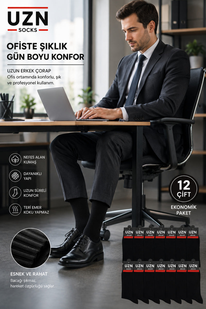 Premium Erkek Uzun Çorap 12 Çift – Üst Kalite, Yumuşak Dokulu, Günlük ve Şık Kullanım