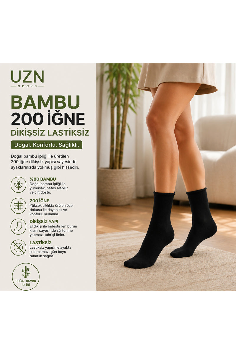 6 Çift Bambu 200 İğne Dikişsiz Lastiksiz Unisex Çorap – Nefes Alan, Yumuşak, Günlük Konfor Siyah Çorap