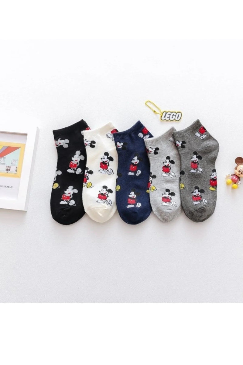 Unisex 10'lu Avantaj Paketi: Mickey Mouse & Sevimli İnek Desenli Pamuklu Bilek Çorap Seti