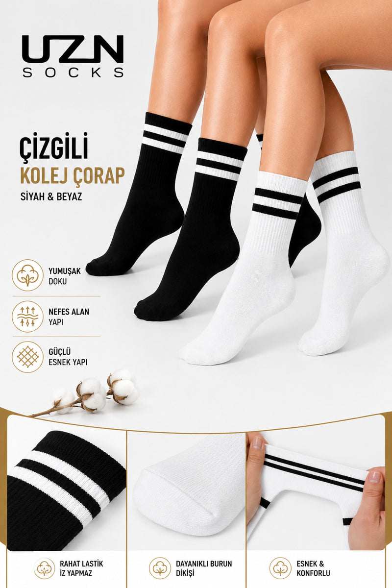 Unisex Beyaz Çizgili Kolej Çorap 8’li Paket (PAMUK)