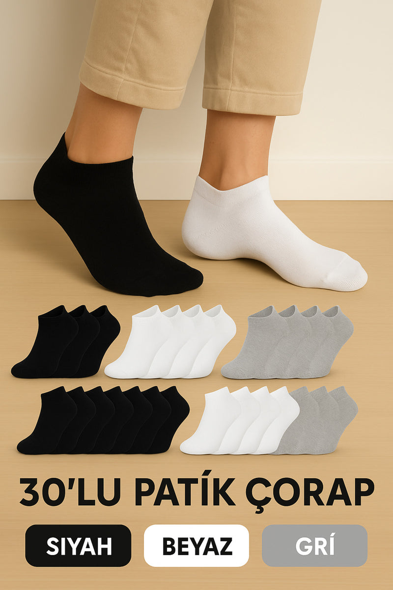 Unisex Beyaz Patik Çorap 30 Çift