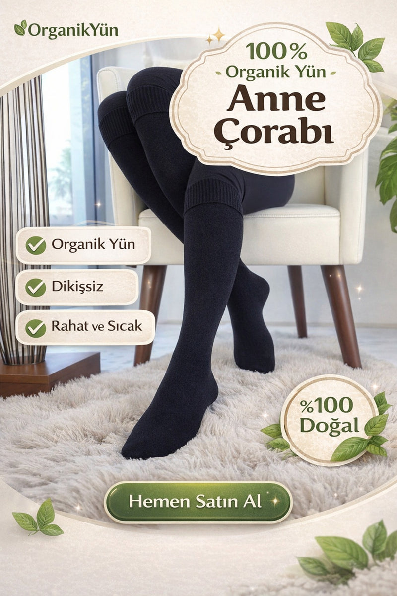 2 ÇİFT DİKİŞSİZ ORGANİK YÜN ANNE ÇORABI- UZUN ANNE ÇORABI