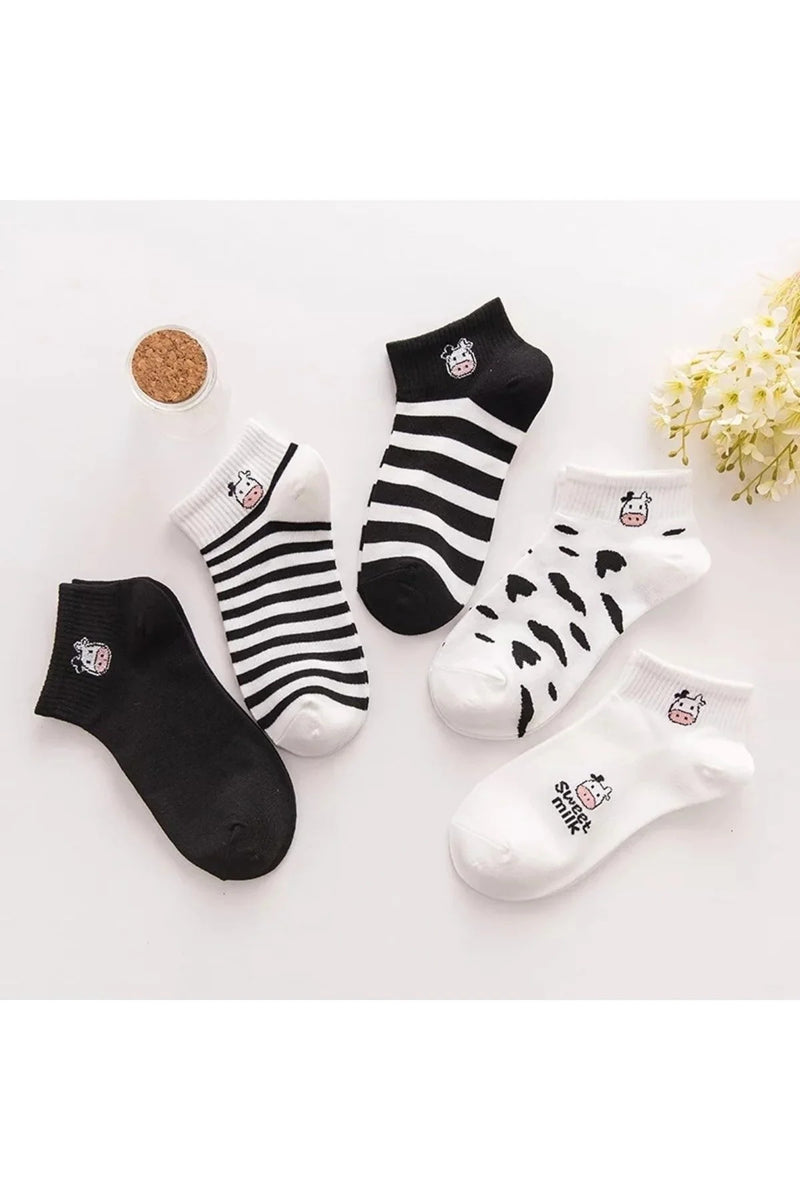 Unisex 10'lu Avantaj Paketi: Mickey Mouse & Sevimli İnek Desenli Pamuklu Bilek Çorap Seti