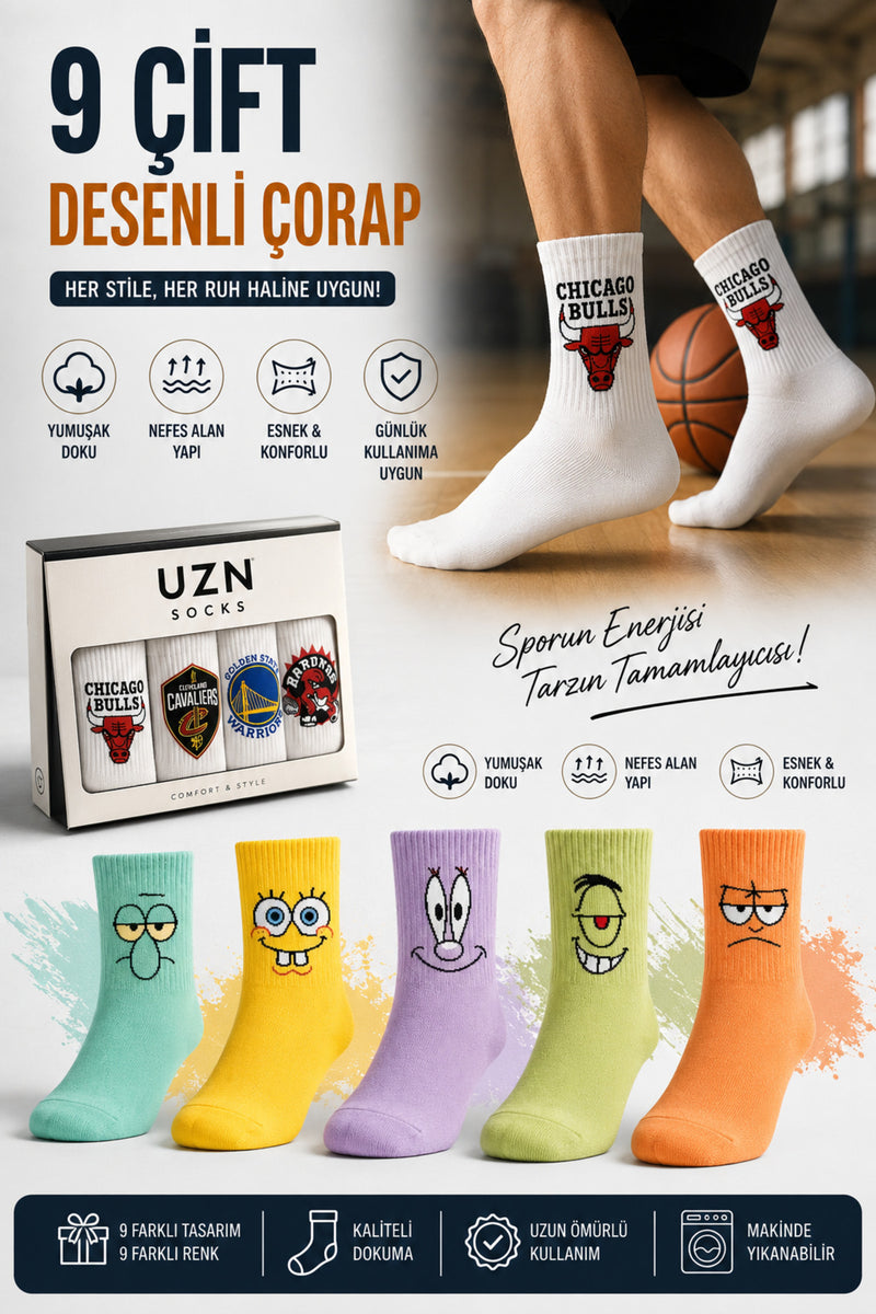 9 Çift Desenli Spor Çorap Karikatür Karışık Set Yumuşak Nefes Alan Günlük Çorap