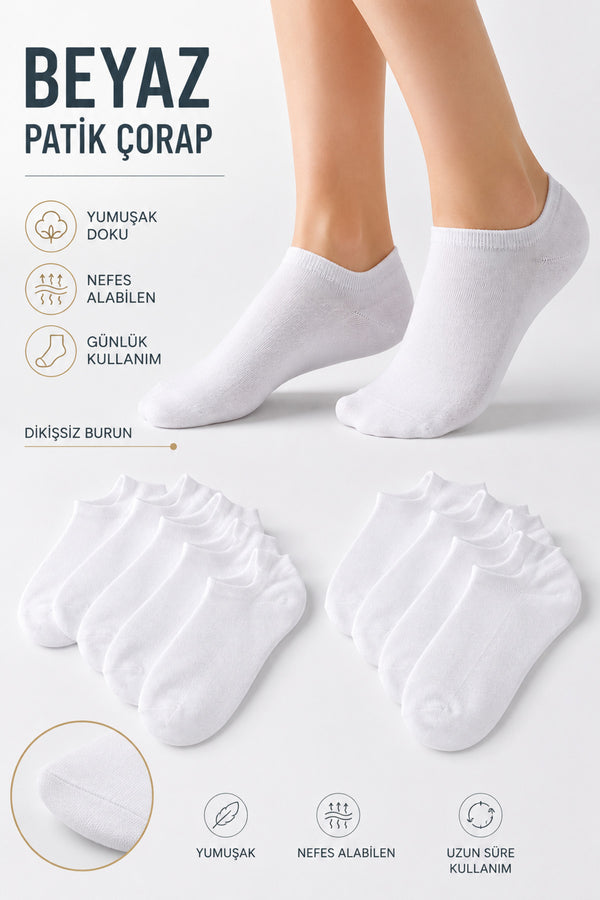 12 Çift Beyaz Pamuklu Unisex Patik Çorap | Terletmeyen Günlük Çorap Seti